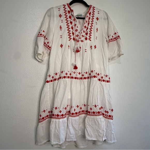 Samson Embroidered White and Red Cotton Boho Dress. Sz L. - Picture 1 of 8